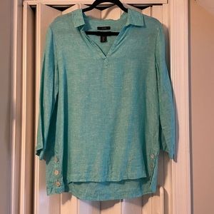 Tahari Turquoise Linen V Neck Top